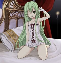 Rule 34 | 1girl, adjusting hair, aged down, alternate hairstyle, armpits, bad id, bad pixiv id, bandages, bed, candle, cendrillon (vocaloid), child, green eyes, green hair, hair down, hatsune miku, kneeling, kooten bergh no youhei, lolita fashion, long hair, matching hair/eyes, one eye closed, panties, pantyshot, pillow, sitting, solo, striped clothes, striped panties, underwear, very long hair, vocaloid, wink