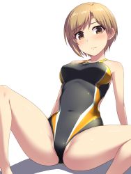 Rule 34 | 1girl, aiba yumi, arm support, ass, black one-piece swimsuit, blonde hair, blush, breasts, brown eyes, closed mouth, commentary request, competition swimsuit, covered navel, feet out of frame, idolmaster, idolmaster cinderella girls, looking at viewer, medium breasts, one-piece swimsuit, partially visible vulva, pataneet, short hair, simple background, sitting, solo, spread legs, swimsuit, white background