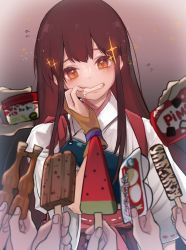 Rule 34 | 1girl, 6+others, akagi (kancolle), brown eyes, brown hair, commentary request, food, grin, haagen-dazs, highres, ice cream cup, japanese clothes, kantai collection, long hair, multiple others, muneate, popsicle, ruohire9, smile, solo, straight hair, tasuki, upper body, watermelon bar