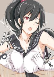 Rule 34 | 10s, 1girl, black hair, blush, breasts, cum, female focus, gloves, kantai collection, kichihachi, large breasts, long hair, looking at viewer, one eye closed, open mouth, paizuri, paizuri under clothes, ponytail, red eyes, school uniform, serafuku, simple background, solo, solo focus, sweat, white gloves, yahagi (kancolle)