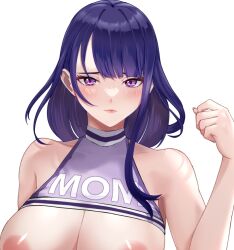 Rule 34 | 1girl, areola slip, bare shoulders, blunt bangs, blush, breasts, closed mouth, clothes writing, genshin impact, hand up, large breasts, long hair, looking at viewer, makeup, no mole, out-of-frame censoring, purple eyes, purple hair, raiden shogun, simple background, solo, tinnies, upper body, white background