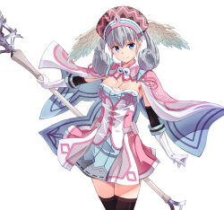 Rule 34 | 1girl, black thighhighs, blue eyes, breasts, capelet, commentary request, curly hair, gloves, grey hair, hat, head wings, holding, holding staff, izumi mahiru, looking at viewer, medium breasts, melia antiqua, simple background, smile, solo, staff, thighhighs, twintails, white background, wings, xenoblade chronicles (series), xenoblade chronicles 1, zettai ryouiki