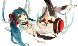 Rule 34 | 1girl, aqua hair, barefoot, bridal gauntlets, elbow gloves, female focus, gloves, hatsune miku, hatsune miku (append), long hair, loo, open mouth, red eyes, solo, toeless legwear, twintails, very long hair, vocaloid, vocaloid append, white background
