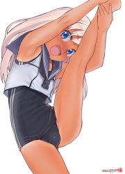 Rule 34 | 1girl, black neckerchief, blue eyes, blue sailor collar, commentary request, crop top, highres, kantai collection, leg up, long hair, looking at viewer, mu-pyon, neckerchief, one-piece swimsuit, one-piece tan, ro-500 (kancolle), sailor collar, school swimsuit, simple background, smile, solo, split, spread legs, standing, standing on one leg, standing split, stretching, swimsuit, swimsuit under clothes, tan, tanline, white background, white hair