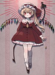 Rule 34 | 1girl, :o, black footwear, blonde hair, blush, collared dress, commentary, crystal, dress, flandre scarlet, full body, hat, hat ribbon, laevatein (touhou), long hair, long sleeves, looking at viewer, mary janes, mob cap, necktie, one side up, open mouth, red dress, red eyes, red ribbon, ribbon, shoes, socks, solo, symbol-only commentary, touhou, white hat, white socks, wings, yellow necktie, yujup
