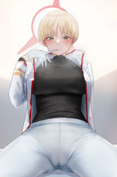 Rule 34 | 1girl, absurdres, blonde hair, blue archive, blush, breasts, commentary request, glove in mouth, glove pull, gloves, gradient background, highres, jacket, large breasts, long sleeves, looking at viewer, marina (blue archive), mouth hold, paid reward available, pants, short hair, simple background, smile, solo, spread legs, white gloves, white pants, yellow eyes, yoo tenchi