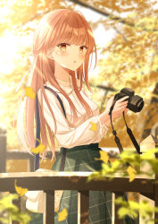 Rule 34 | 1girl, autumn, autumn leaves, bag, blurry, bow, branch, brown eyes, brown hair, camera, collared shirt, commentary request, day, depth of field, dslr, green skirt, hair bow, handbag, highres, holding, holding camera, leaf, long hair, looking at viewer, maple leaf, original, outdoors, parted lips, railing, senri (senri sen), shirt, skirt, solo, standing, white neckwear, white shirt