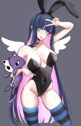 Rule 34 | 1girl, aqua eyes, breasts, highres, large breasts, leotard, long hair, miaru, panty &amp; stocking with garterbelt, pink hair, playboy bunny, purple hair, solo, stocking (psg), striped clothes, striped thighhighs, stuffed toy, thighhighs, wings