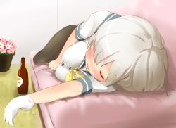 Rule 34 | 10s, 1girl, alcohol, black pantyhose, blush, bottle, commentary request, couch, drunk, eyebrows, closed eyes, flower, from above, full body, gloves, hair over one eye, hamakaze (kancolle), hauto-san, indoors, kantai collection, lying, on side, one eye covered, open mouth, pantyhose, plant, potted plant, school uniform, serafuku, short hair, short sleeves, silver hair, sleeping, solo, white gloves