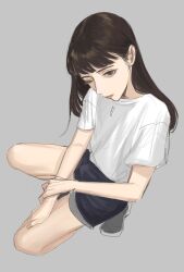Rule 34 | 1girl, absurdres, black eyes, black hair, blue shorts, commentary, deerwhisky, grey background, hair behind ear, highres, long hair, looking at viewer, one eye closed, original, parted lips, shirt, short sleeves, shorts, simple background, solo, squatting, t-shirt, white shirt