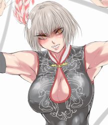 Rule 34 | 1girl, angry, armpits, artist request, bare shoulders, blush, breasts, chinese clothes, cleavage, cleavage cutout, clenched teeth, clothing cutout, covered erect nipples, feather hair ornament, feathers, hair ornament, hands up, large breasts, looking at viewer, lu lingqi, muscular, orange eyes, shin sangoku musou, short hair, silver hair, simple background, solo, sweat, sweatdrop, teeth, upper body, white background