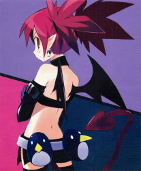 Rule 34 | 1girl, back, bat wings, choker, cowboy shot, crossed arms, demon girl, demon tail, disgaea, earrings, etna (disgaea), jewelry, nippon ichi, official art, pointy ears, profile, red eyes, red hair, solo, tail, thighhighs, twintails, wings