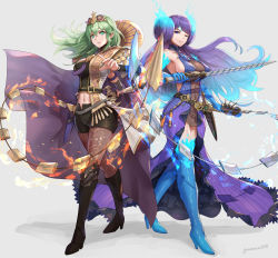 Rule 34 | 2girls, absurdres, boots, breasts, brighid (xenoblade), byleth (female) (fire emblem), byleth (fire emblem), chain, crossover, dagger, fire, fire emblem, fire emblem: three houses, gonzarez, green eyes, green hair, high heel boots, high heels, highres, knife, large breasts, multiple girls, navel, nintendo, official alternate costume, pantyhose, purple hair, simple background, sword, thighhighs, weapon, weapon connection, xenoblade chronicles (series), xenoblade chronicles 2