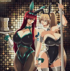 Rule 34 | 2girls, absurdres, animal costume, animal ears, arm tattoo, arm up, armpits, breasts, brown eyes, brown hair, cleavage, collarbone, crane yuzuriha, cup, drinking glass, erza scarlet, fairy tail, fake animal ears, full body, green eyes, hair between eyes, hair over one eye, highres, hikimayu, holding hands, huge breasts, interlocked fingers, leotard, lips, lipstick, long hair, makeup, mug, multiple girls, playboy bunny, pole, ponytail, rabbit ears, red hair, saint seiya, saint seiya: the lost canvas, shoulder tattoo, smile, tagme, tattoo, the-dark-knight19089, thick thighs, thighs, tray, very long hair, wide hips