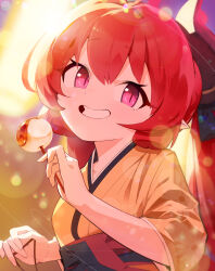 Rule 34 | 1girl, absurdres, blue archive, food, highres, horns, japanese clothes, junko (blue archive), junko (new year) (blue archive), kimono, nasan (coldtime), pink eyes, pointy ears, red hair, smile, solo, teeth