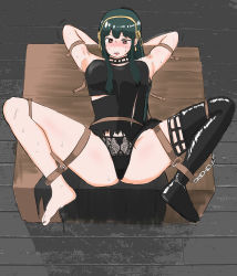 Rule 34 | 1girl, absurdres, armpits, artist request, barefoot, black panties, blush, feet, green hair, highres, long hair, lying, panties, red eyes, restrained, solo, spread legs, spy x family, sweat, toes, torn clothes, underwear, yor briar