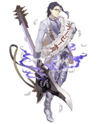 Rule 34 | 1boy, asymmetrical bangs, electric guitar, feather trim, feathers, formal, full body, furrowed brow, glasses, gloves, guitar, hair slicked back, hameln (sinoalice), instrument, ji no, male focus, necktie, official art, purple hair, red eyes, sinoalice, solo, suit, transparent background, white gloves