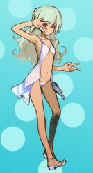 1girl :&lt; bikini chuuou_higashiguchi commentary_request dark-skinned_female dark_skin double_v flat_chest full_body green_hair highres long_hair looking_at_viewer original panties red_eyes revealing_clothes sandals sketch solo swimsuit underwear v v_over_eye white_panties