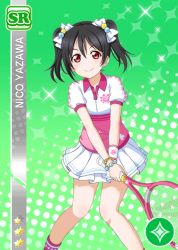 Rule 34 | 10s, 1girl, black hair, blush, character name, long hair, love live!, love live! school idol festival, love live! school idol project, polo, red eyes, skirt, smile, solo, tennis, twintails, yazawa nico