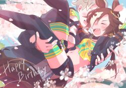 Rule 34 | 1boy, 1girl, animal ears, arm up, black footwear, black shorts, blue sky, boots, brown hair, carrying, cherry blossoms, closed eyes, crop top, dated, hair over one eye, happy birthday, highres, horse ears, horse girl, horse tail, long hair, long sleeves, maru (hachi 47923), midriff, navel, open mouth, outdoors, petals, ponytail, princess carry, shirt, short hair, shorts, sky, smile, stomach, stopwatch, stopwatch around neck, tail, thigh boots, trainer (umamusume), umamusume, vodka (umamusume), yellow shirt