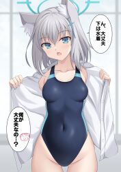Rule 34 | 1girl, animal ear fluff, animal ears, black one-piece swimsuit, blue archive, blue eyes, breasts, commentary request, competition swimsuit, covered navel, cross (crossryou), cross hair ornament, doodle sensei (blue archive), extra ears, gluteal fold, grey hair, groin, hair ornament, halo, highres, looking at viewer, medium breasts, medium hair, mismatched pupils, multicolored clothes, multicolored swimsuit, one-piece swimsuit, open clothes, open shirt, sensei (blue archive), shiroko (blue archive), shiroko (swimsuit) (blue archive), solo, swimsuit, swimsuit under clothes, translation request, wolf ears