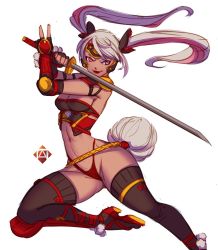Rule 34 | 1girl, animal ears, black thighhighs, breasts, bustier, cleavage, commentary, dark-skinned female, dark skin, elbow gloves, english commentary, fighting stance, fingerless gloves, gloves, highleg, highleg panties, highres, holding, holding sword, holding weapon, looking to the side, medium breasts, original, panties, pechan, rabbit ears, rabbit tail, red eyes, red panties, samurai, short hair, silver hair, sketch, smile, solo, swept bangs, sword, tail, thighhighs, underwear, v, weapon, white background