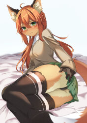 Rule 34 | 1boy, ahoge, an choby, androgynous, animal ear fluff, animal ears, ass, black thighhighs, blush, body fur, bulge, closed mouth, fox boy, fox ears, fox tail, furry, furry male, green eyes, green skirt, hair between eyes, highres, long hair, looking at viewer, lying, male focus, on bed, on side, orange hair, original, skirt, solo, tail, thighhighs, thighs, trap
