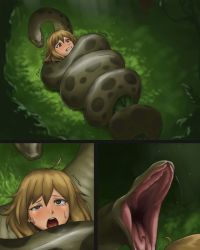 Rule 34 | 1girl, animal, asphyxiation, blonde hair, brown eyes, clenched teeth, coiled, comic, constriction, day, ganima, green pants, left-to-right manga, nature, on ground, open mouth, original, outdoors, pants, restrained, silent comic, snake, sweat, tears, teeth, vore
