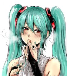 Rule 34 | 1girl, aqua nails, bad id, bad pixiv id, bare shoulders, blush, bridal gauntlets, cum, cum on body, cum on upper body, finger in own mouth, green hair, hatsune miku, hatsune miku (append), long hair, nail polish, osakana (denpa yun&#039;yun), red eyes, simple background, solo, twintails, vocaloid, vocaloid append, white background