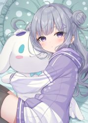 Rule 34 | 1girl, :o, absurdres, ahoge, bed sheet, black thighhighs, blush, commentary request, double bun, ear piercing, frilled pillow, frills, grey hair, hair bun, hair ornament, highres, hood, hood down, hoodie, long hair, long sleeves, looking at viewer, lying, on side, original, parted lips, piercing, pillow, purple eyes, purple hoodie, sleeves past fingers, sleeves past wrists, solo, stuffed animal, stuffed rabbit, stuffed toy, thighhighs, tsukiman, very long hair