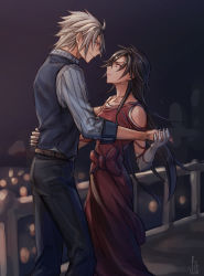 Rule 34 | 1boy, 1girl, absurdres, bare shoulders, belt, black hair, black pants, bow, collar, collarbone, crow armbrust, dancing, dress, eiyuu densetsu, falcom, formal, frown, genderswap, genderswap (mtf), gloves, hand grab, hand on another&#039;s back, height difference, highres, jewelry, long hair, looking at another, necklace, night, outdoors, pants, profile, rean schwarzer, red dress, sen no kiseki, shirt, signature, silver hair, smile, spiked hair, standing, striped clothes, striped shirt, suit, vest, white gloves