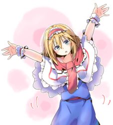 Rule 34 | 1girl, alice margatroid, arms up, blonde hair, blue dress, blue eyes, blush, capelet, commentary request, dondyuruma, dress, frilled capelet, frilled cuffs, frilled hairband, frilled neckwear, frills, hair between eyes, hairband, head tilt, leaning to the side, lolita hairband, looking at viewer, medium hair, motion lines, necktie, open mouth, outline, outstretched arms, red hairband, red necktie, red sash, sash, solo, touhou, white capelet, wrist cuffs, ||/