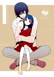 Rule 34 | 1boy, 1girl, age regression, aoki shin, bad id, bad pixiv id, blue hair, feet, hetero, highres, hug, hug from behind, long hair, loose thighhigh, orange eyes, original, oversized clothes, red eyes, sitting, sitting on lap, sitting on person, size difference, socks, sweater, thighhighs, aged down
