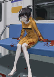 Rule 34 | 1girl, absurdres, axe, bar censor, barefoot, black hair, blood, blood on clothes, blood on face, blood on hands, blood splatter, bloody weapon, breasts, censored, censored nipples, chinese commentary, closed mouth, commentary request, feet, folded ponytail, gloves, grey eyes, hair between eyes, highres, hood, hood down, knees together feet apart, legs, max-k, nail polish, original, pale skin, pointy ears, raincoat, reflection, sidelocks, sitting, small breasts, smile, solo, toenail polish, toenails, toes, train interior, watermark, weapon, weibo logo, weibo watermark, white gloves, window
