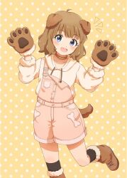 Rule 34 | 1girl, animal ears, animal hands, black socks, blue eyes, blush, bone print, boots, brown footwear, brown gloves, brown hair, brown overalls, commentary, daimanzoku!, dog ears, dog tail, dot nose, drawstring, fake animal ears, fake tail, flat chest, fur-trimmed footwear, fur-trimmed sleeves, fur trim, gloves, hands up, highres, hood, hoodie, idolmaster, idolmaster million live!, idolmaster million live! theater days, looking at viewer, medium hair, notice lines, official alternate costume, open mouth, overall shorts, overalls, paw gloves, polka dot, polka dot background, sidelocks, smile, socks, solo, standing, standing on one leg, suou momoko, tail, wavy hair, white hoodie, yellow background