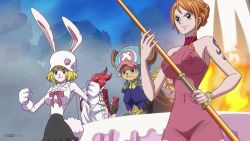 Rule 34 | 2girls, 3boys, animal ears, antlers, bare shoulders, black skirt, blonde hair, breasts, can, carrot (one piece), cleft of venus, cowboy shot, creature, dress, drink can, fire, functionally nude, gloves, hair bun, halterneck, hat, highres, horns, large breasts, multiple boys, multiple girls, nami (one piece), no bra, no panties, nude filter, one piece, orange hair, outdoors, r34son, rabbit ears, rabbit girl, rabbit tail, red dress, red hair, see-through, shirt, short dress, short hair, single hair bun, skirt, sleeveless, sleeveless shirt, soda can, tail, tattoo, third-party edit, tony tony chopper, vinsmoke ichiji, vinsmoke judge, white gloves, white headwear