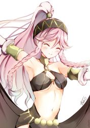 Rule 34 | 1girl, atoatto, bare shoulders, blush, braid, breasts, closed eyes, fire emblem, fire emblem awakening, fire emblem heroes, gloves, hairband, long hair, medium breasts, navel, nintendo, olivia (fire emblem), pink hair, ponytail, side braid, simple background, smile, solo, twin braids