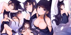 Rule 34 | 1girl, :o, animal ears, bare arms, bare legs, bare shoulders, black hair, blush, braid, breasts, cat ears, cat girl, cat tail, cleavage, covered mouth, dress, flower, from side, futoshi ame, hair flower, hair ornament, tucking hair, highres, long hair, looking at viewer, multiple views, off-shoulder dress, off shoulder, open mouth, original, outstretched hand, parted lips, purple eyes, sideboob, smile, sweatdrop, tail