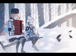 Rule 34 | 2girls, accordion, ankodesoy, bird, black border, black footwear, black gloves, black headwear, black legwear, blue eyes, blue shawl, boots, border, brown footwear, brown hair, camouflage, camouflage jacket, closed eyes, day, earmuffs, eating, food, fur hat, gloves, hair ornament, hair ribbon, hairclip, hammer and sickle, hat, hibiki (kancolle), holding, holding food, instrument, jacket, kantai collection, letterboxed, long hair, long sleeves, low twintails, multiple girls, music, open mouth, outdoors, pantyhose, papakha, playing, playing instrument, pleated skirt, ribbon, russian commentary, scarf, shawl, sitting, skirt, snow, star (symbol), tashkent (kancolle), thighhighs, tree, twintails, verniy (kancolle), white hair, white headwear, white scarf