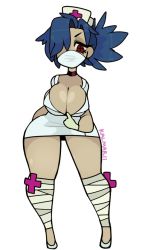 Rule 34 | 1girl, blue hair, breasts, choker, cleavage, clothes pull, gloves, hat, kalmarii, large breasts, leg wrap, mask, mouth mask, nurse cap, pale skin, ponytail, red eyes, shirt pull, skullgirls, solo, surgical mask, thick thighs, thighs, valentine (skullgirls), white background, wide hips