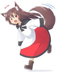 Rule 34 | 1girl, :d, animal ears, bad id, bad twitter id, brown hair, dress, fang, imaizumi kagerou, kazawa (tonzura-d), long hair, musical note, open mouth, simple background, smile, solo, tail, touhou, white background, wolf ears, wolf tail