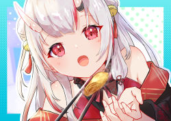 Rule 34 | bell, blush, border, chopsticks, commentary request, double bun, dutch angle, feeding, hair bell, hair between eyes, hair bun, hair ornament, highres, hilamaru, holding, holding chopsticks, hololive, horns, japanese clothes, kimono, looking at viewer, multicolored hair, nakiri ayame, nakiri ayame (1st costume), open mouth, red eyes, red hair, red kimono, sidelocks, skin-covered horns, streaked hair, virtual youtuber, white hair