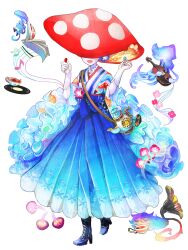 Rule 34 | 1girl, :d, beamed eighth notes, black footwear, blue pill, blue skirt, cat, cross-laced footwear, cup, dairoku ryouhei, drink me, eighth note, facing viewer, gloves, holding pill, instrument, jellyfish, mushroom, mushroom hat, musical note, open mouth, pale skin, petit grande, phonograph, record, red pill, skirt, smile, standing, teacup, teapot, transparent background, violin, white gloves, yuxakuko