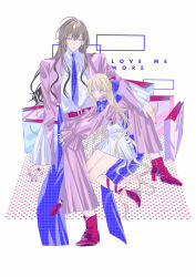 Rule 34 | 1boy, 1girl, absurdres, age difference, ahoge, bag, belt, bishounen, black nails, blonde hair, boots, collared shirt, cropped jacket, dress, english text, expressionless, full body, grey hair, hair ornament, high heel boots, high heels, highres, jacket, jewelry, long hair, msa (fary white), necktie, open clothes, open jacket, original, pants, purple eyes, purple jacket, purple pants, red footwear, red pupils, ring, shirt, shopping bag, sitting, slit pupils, very long hair, white dress, white eyes, white shirt