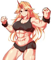 Rule 34 | 1girl, abs, alternate costume, bike shorts, black shorts, black sports bra, blonde hair, breasts, clenched hand, commentary request, cowboy shot, cuffs, fugaku (miko no miyatsuguchi), grin, highres, horns, hoshiguma yuugi, large breasts, long hair, looking at viewer, muscular, muscular female, navel, pointy ears, red eyes, shorts, simple background, single horn, smile, solo, sports bra, star (symbol), touhou, white background