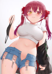 Rule 34 | 1girl, black jacket, black panties, blue shorts, breasts, cowboy shot, crop top, cutoffs, denim, denim shorts, eyepatch, heterochromia, highres, holding, holding clothes, holding underwear, hololive, houshou marine, jacket, large breasts, lips, long hair, long sleeves, looking at viewer, midriff, navel, no panties, off shoulder, open fly, panties, parted bangs, red eyes, red hair, shirt, short shorts, short sleeves, shorts, simple background, smile, solo, standing, stomach, sweat, thighs, twintails, underwear, unworn eyepatch, unworn panties, virtual youtuber, white background, white shirt, yellow eyes, zhaofeng yinyue