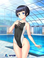Rule 34 | 1girl, arena (company), black hair, black one-piece swimsuit, blue eyes, breasts, commentary request, competition swimsuit, covered navel, cowboy shot, hand on own chest, highleg, highleg swimsuit, indoors, one-piece swimsuit, original, pool, short hair, small breasts, smile, solo, swimsuit, two-tone swimsuit