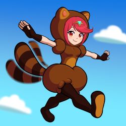 Rule 34 | 1girl, animal ears, breasts, chest jewel, coonstito, costume, earrings, flying, fur collar, headpiece, highres, jewelry, large breasts, mario (series), nintendo, power-up, pyra (xenoblade), raccoon ears, raccoon girl, raccoon tail, red eyes, red hair, short hair, solo, super mario bros. 3, super smash bros., swept bangs, tail, tanuki, tiara, xenoblade chronicles (series), xenoblade chronicles 2