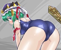 Rule 34 | 1girl, ass, bdsm, bent over, blue eyes, blush, commentary, crown, green hair, looking at viewer, ribbon, rod of remorse, role reversal, sad, school swimsuit, shiki eiki, short hair, shoulder blades, solo, swimsuit, thighs, touhou, winn