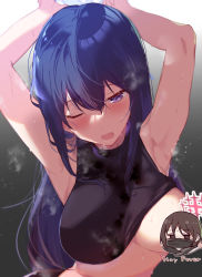 Rule 34 | 2girls, arito arayuru, armpits, arms up, bare shoulders, black hair, black pants, black shirt, blue archive, blush, breasts, censored, character censor, clothes lift, commentary request, crop top, grey background, hair between eyes, halo, hay fever, highres, large breasts, long hair, looking at viewer, mask, misaki (blue archive), mouth mask, multiple girls, no bra, novelty censor, one eye closed, open mouth, paid reward available, pants, purple eyes, red eyes, saori (blue archive), shirt, shirt lift, short hair, sidelocks, simple background, sleeveless, sleeveless shirt, standing, steaming body, stomach, surgical mask, sweat, upper body